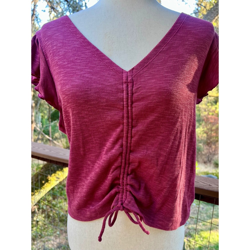 NWT Gap SS Canyon Rib Cinched V-Neck Top Dry Rose Pink Large